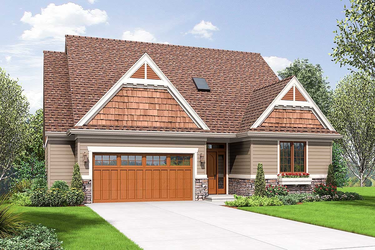 House plan exterior featuring Craftsman style, single story, gabled roof, shake siding on gables, and attached garage.