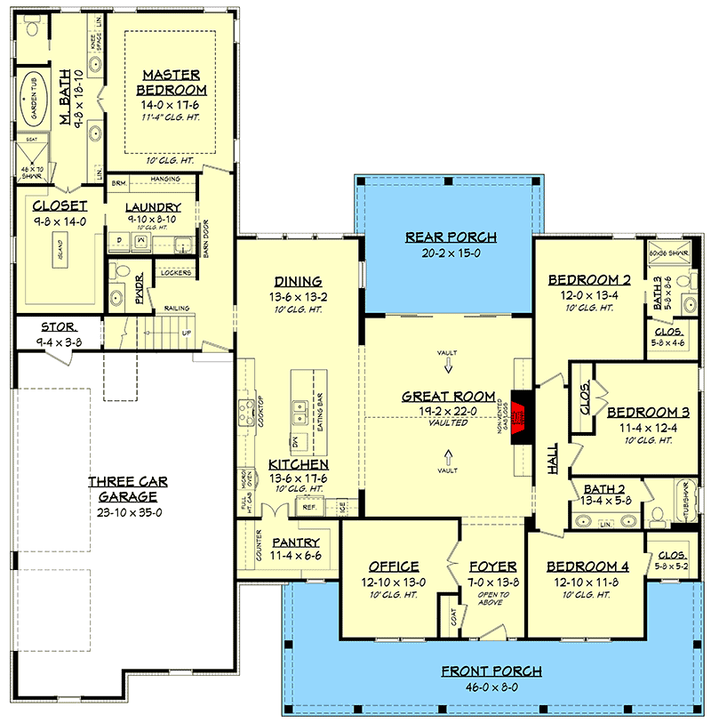 Plan 51784HZ: Fresh 4-Bedroom Farmhouse Plan with Bonus Room Above 3-Car Garage - 2926 Sq Ft - Floor Plan - Main Level - Country, Farmhouse, Modern Farmhouse, Traditional