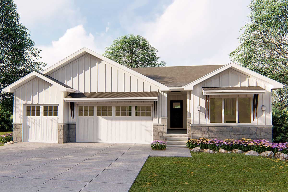 House plan exterior featuring a Modern Farmhouse style with a two-car garage, multiple gables, and board-and-batten siding with stone accents.