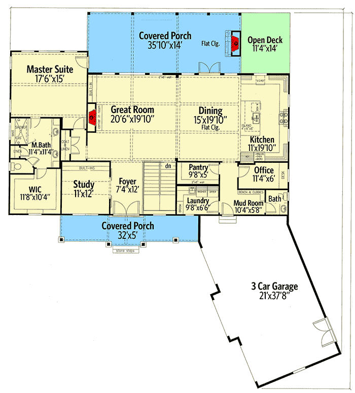 Plan 24386TW: 4-Bed Craftsman House Plan with Main-Floor Master - Floor Plan - Main Level - Country, Craftsman