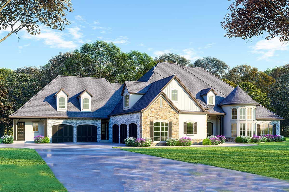 House plan exterior with stone and siding facade, multiple gables, a turret, and a three-car garage.