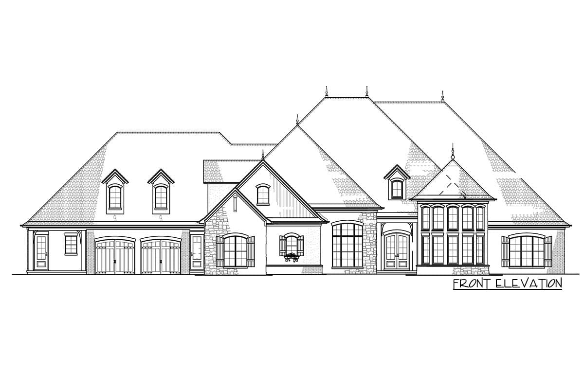 Front elevation drawing of a two-story house plan with a prominent roofline, dormers, stone accents, and a three-car garage.