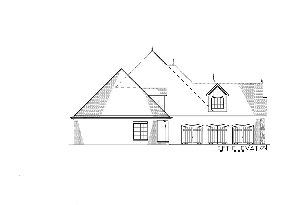 Left elevation drawing of a house plan featuring a pitched roof, dormer window, and three arched garage doors.
