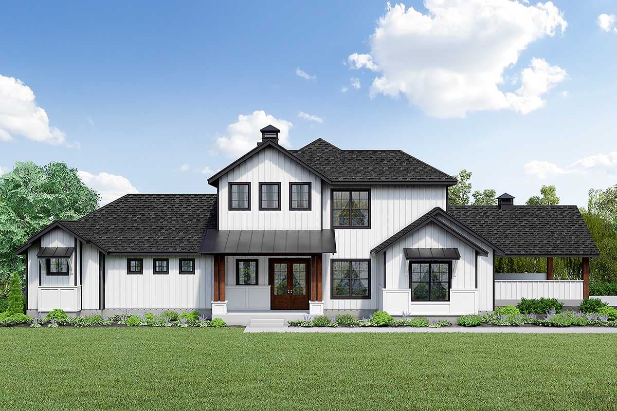 House plan exterior rendering. Modern Farmhouse style, two-story home with covered porch, multiple gables, and shed roof accents.
