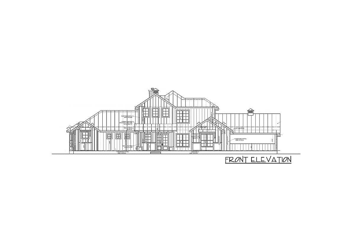 Front elevation drawing of a house plan with gables, dormers, and multiple window designs.
