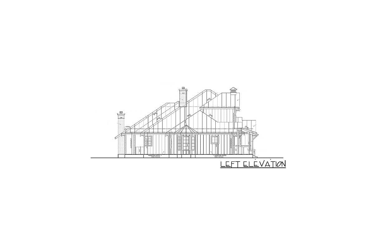 Left elevation house plan drawing showing multiple gables, chimneys, and varied rooflines.