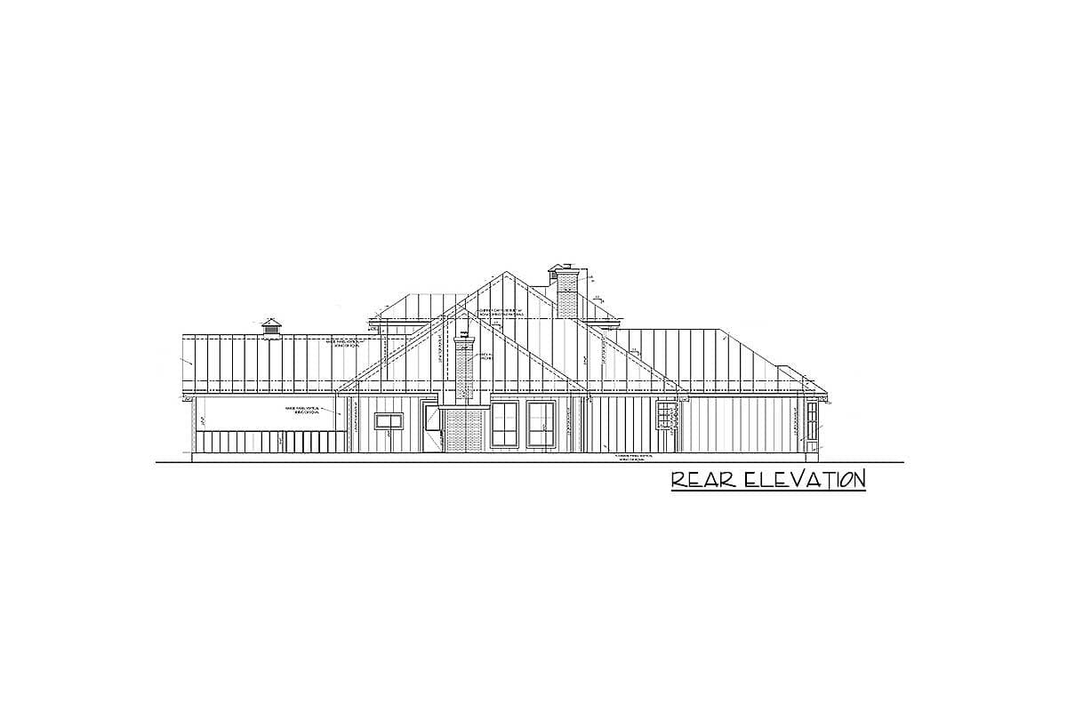 Rear elevation drawing of a house plan showing complex rooflines, multiple gables, dormers, and a prominent chimney.