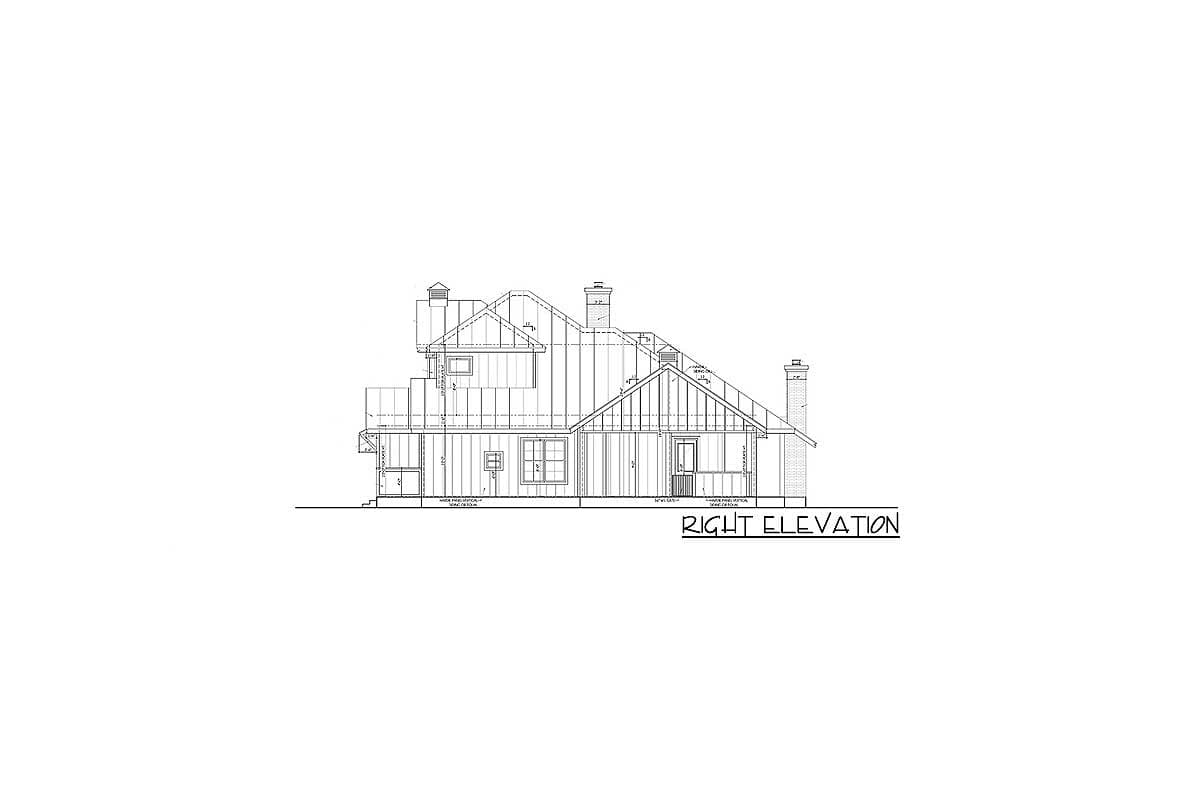 Right elevation house plan drawing showing multiple gables, dormers, and chimneys.
