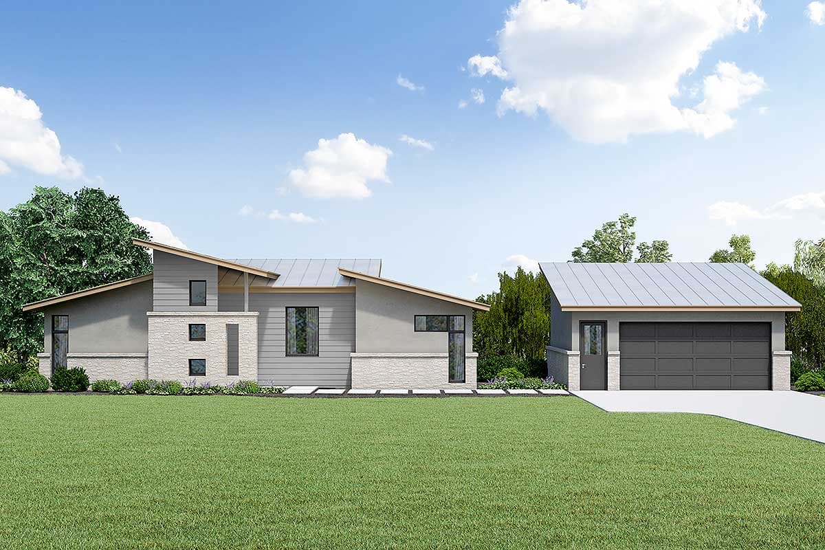 House plan exterior with modern style, one story, a detached garage, and a shed roof. Features include stone accents and asymmetrical rooflines.
