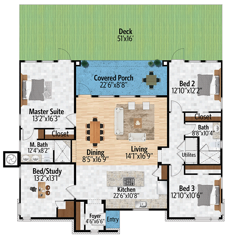 Plan 430037LY:  Modern Prairie Home Plan with Beds in the Corners - Floor Plan - Main Level - Coastal, Contemporary, Mid Century Modern, Vacation