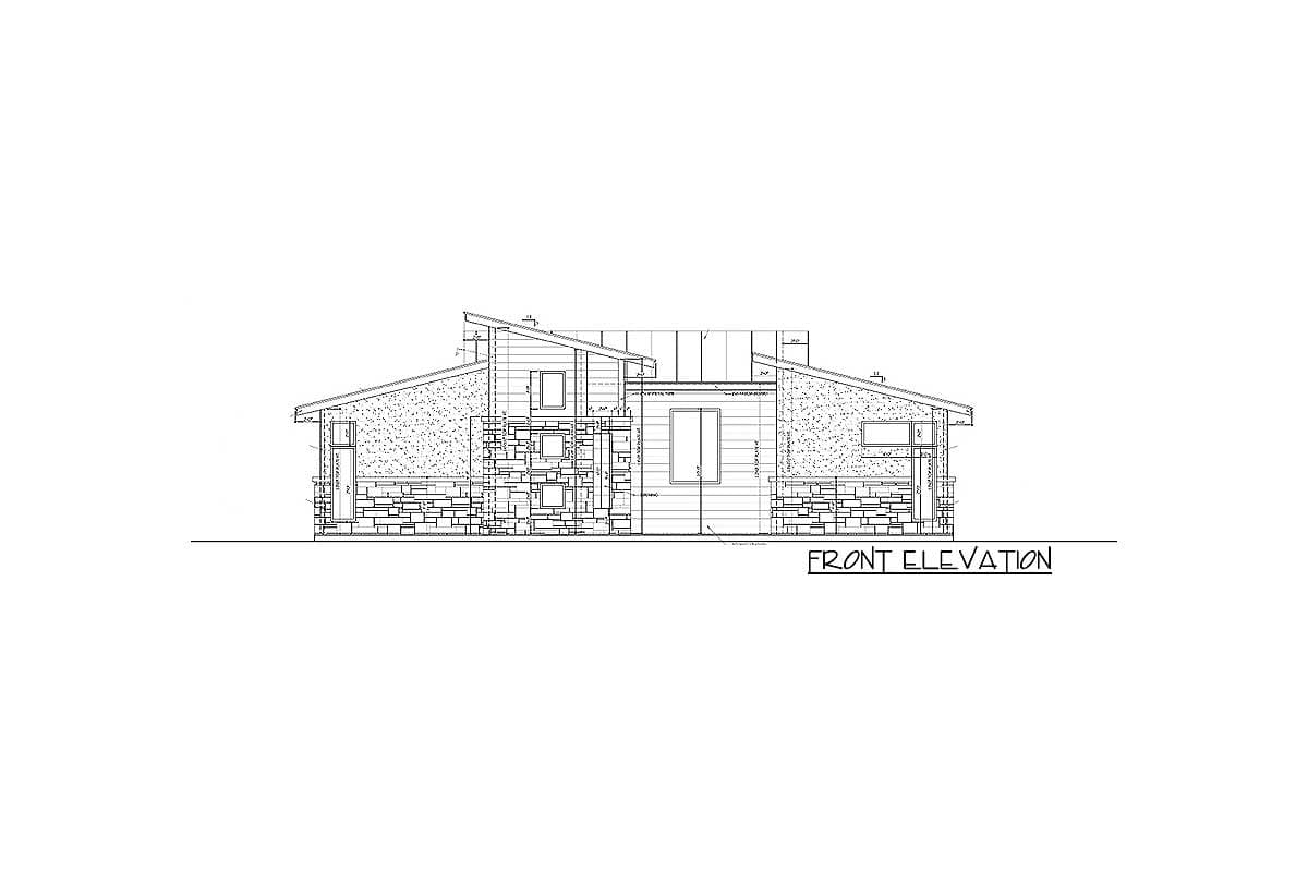 Front elevation drawing of a single-story house with asymmetrical rooflines and stone and horizontal siding exterior.
