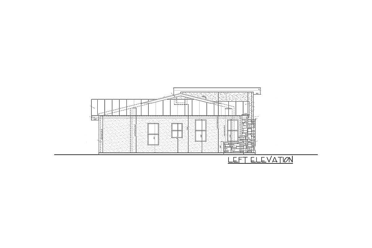 Architectural drawing of a house plan's left elevation showing a modern style with a low-slope roof and stone facade details.