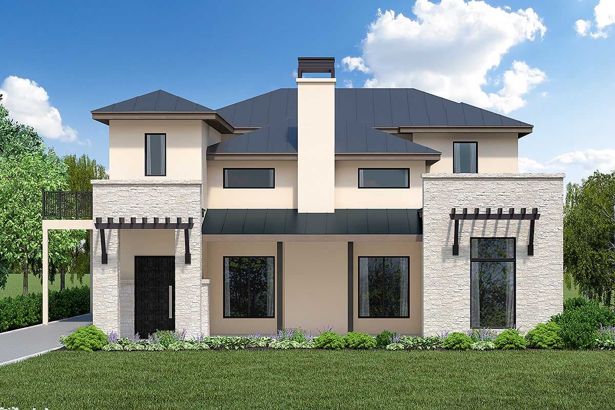 House plan exterior. Two-story home with a flat roof, stone facade, and pergola over entry. Features a prominent chimney and multiple dormers.