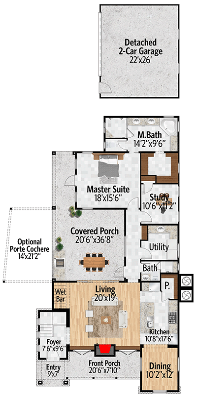 Plan 430039LY: 3-Bedroom House Plan with Den, Main-Floor Master and Detached 2-Car Garage - Floor Plan - Main Level - Contemporary, European, Hill Country, Mediterranean