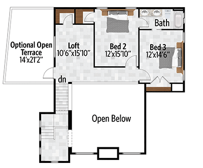 Plan 430039LY: 3-Bedroom House Plan with Den, Main-Floor Master and Detached 2-Car Garage - Floor Plan - 2nd Floor - Contemporary, European, Hill Country, Mediterranean