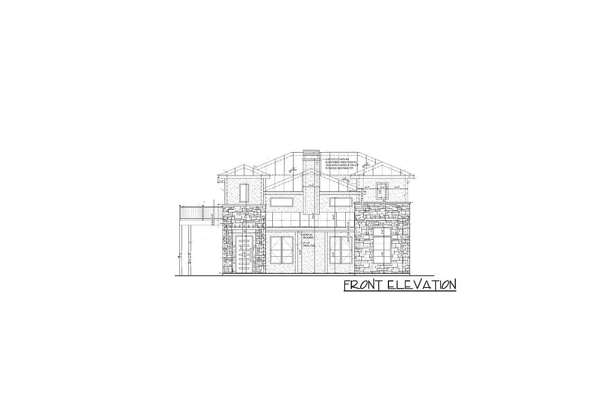 Front elevation drawing of a two-story house with stone accents, multiple gables, and a central chimney.