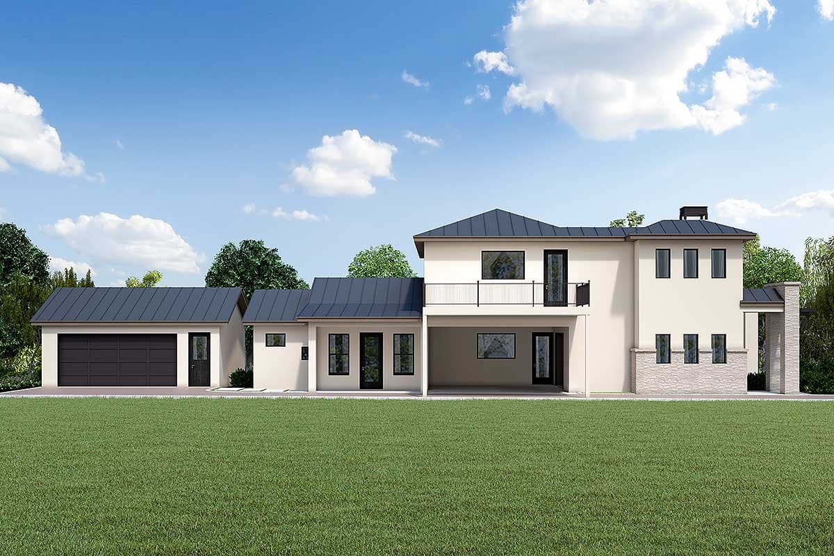 Modern house plan exterior with attached garage, two stories, balcony, and stone accent.