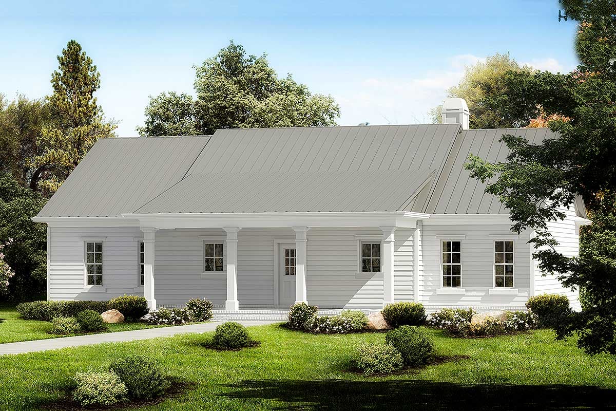 House plan exterior with columns supporting a covered porch. Features include a metal roof, multiple windows, and a single-story design.