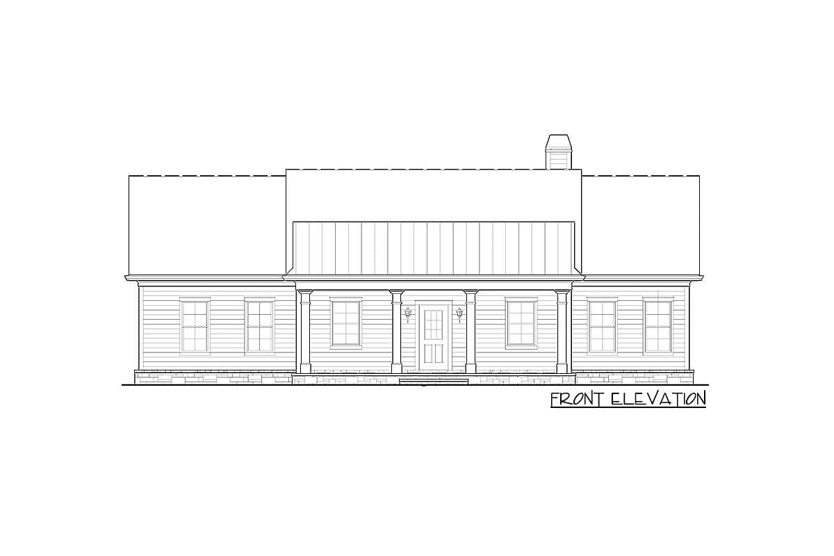 Front elevation house plan showing a one-story home with a wrap-around porch, double front doors, and multiple windows.