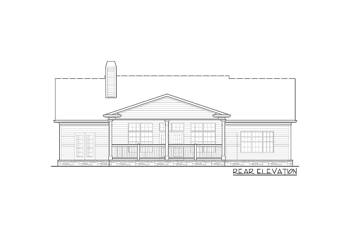 Rear elevation drawing of a house with a covered porch, double doors, and multiple windows.
