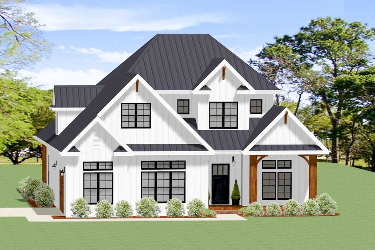 House plan exterior. Two-story Modern Farmhouse with gabled roof, dormers, and a covered porch supported by wood beams.