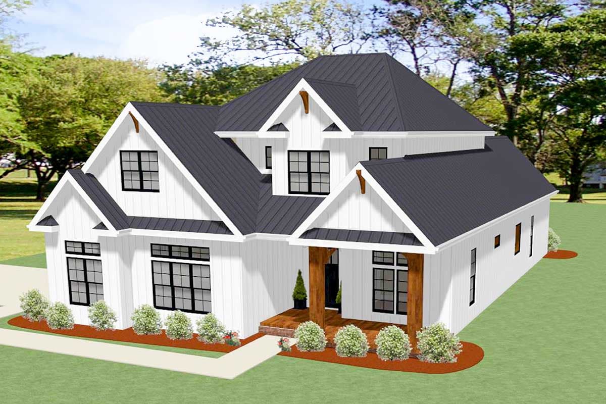Modern Farmhouse house plan exterior, two stories, white board and batten siding, metal roof, gables, and covered porch.
