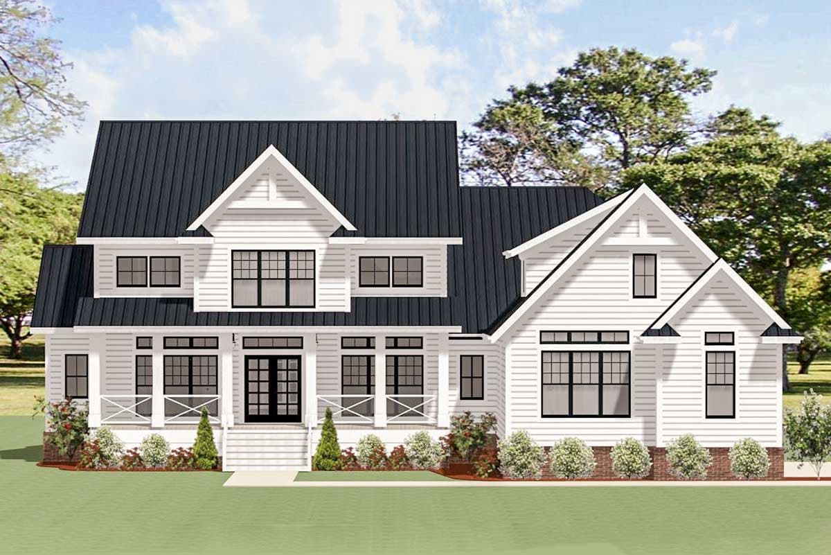 House plan exterior. Two-story Modern Farmhouse with gabled rooflines, a front porch, and black-framed windows. White siding with dark roof.