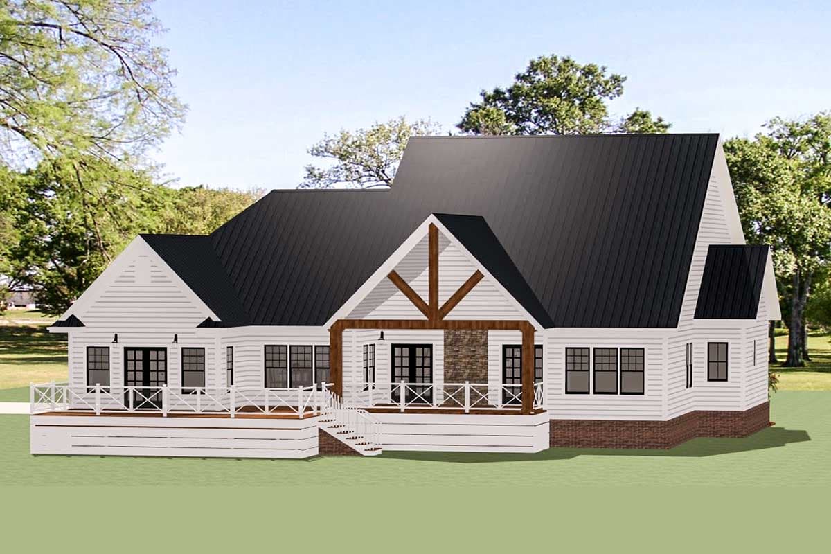 Modern Farmhouse house plan exterior with a wraparound porch, metal roof, gables, and exposed wood beams.