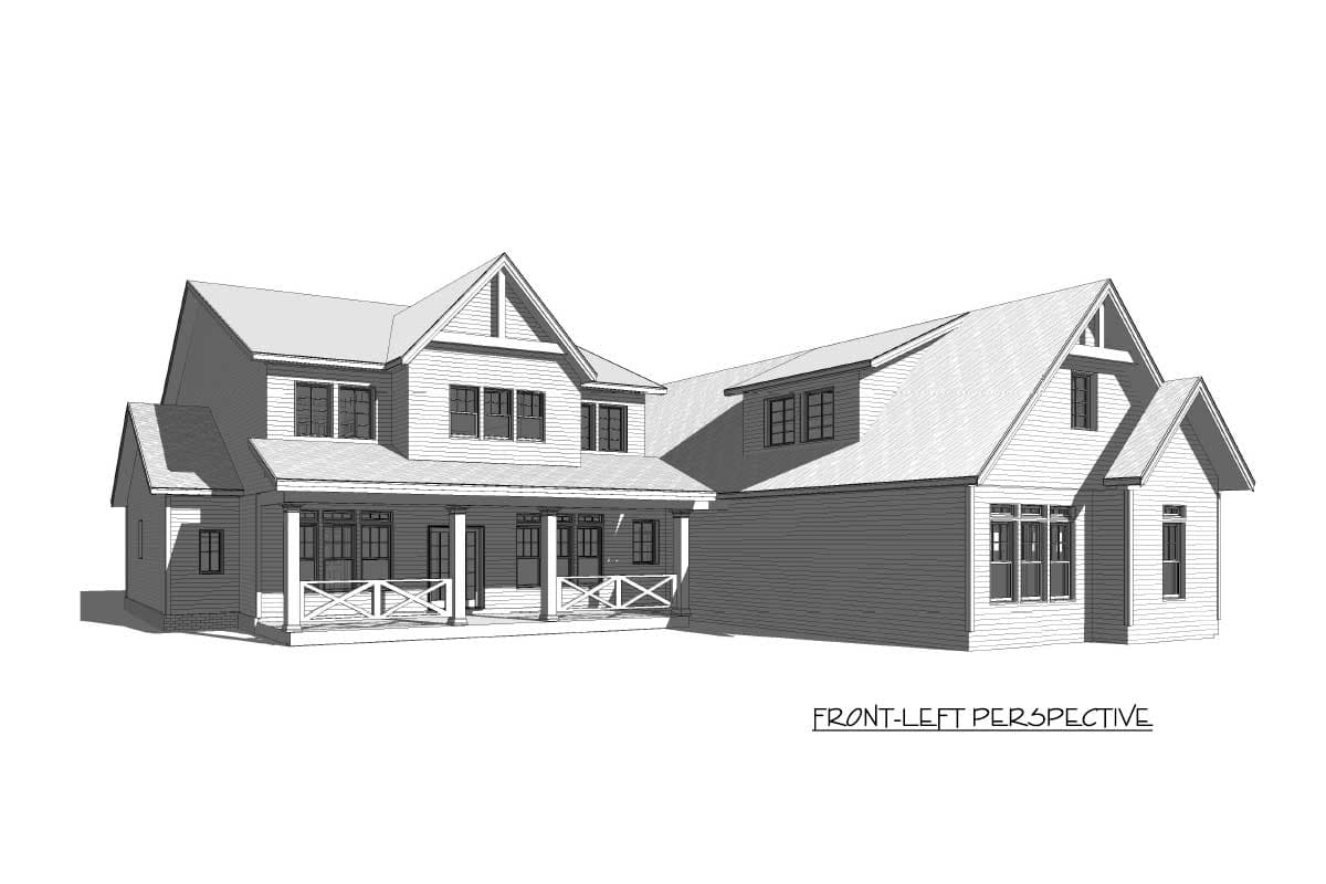 House plan exterior: two-story Modern Farmhouse with wrap-around porch, gables, and dormers.