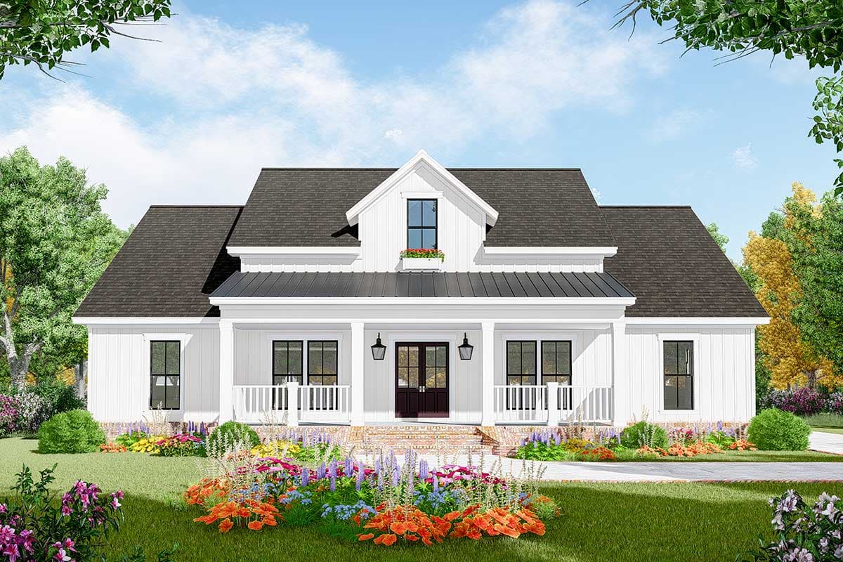 House plan exterior. Modern Farmhouse style, one-story home with a front porch, gabled roof, and dormer. Features include black metal roof accents.