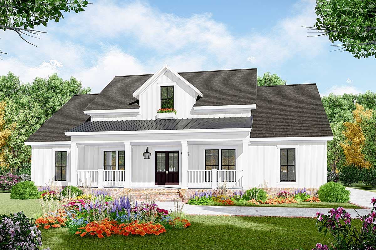 Modern Farmhouse house plan exterior with a wraparound porch, prominent gable, and metal roof.