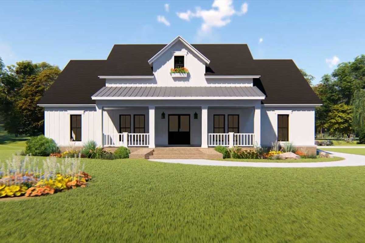 Modern Farmhouse house plan exterior, one story, with a covered front porch, metal roof accents, and a central gable dormer.