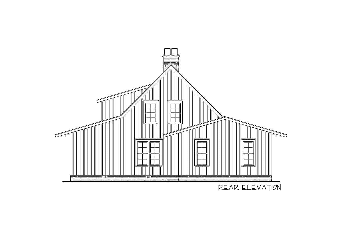Rear elevation drawing of a house plan featuring vertical siding, multiple gables, a chimney, and multi-pane windows.