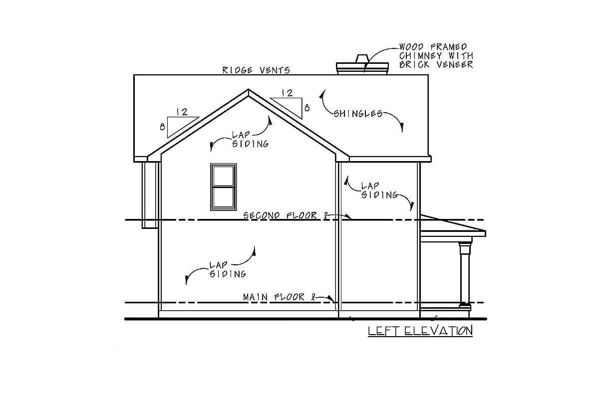 Left elevation drawing of a two-story house with lap siding, gabled roof, ridge vents, and brick veneer chimney.