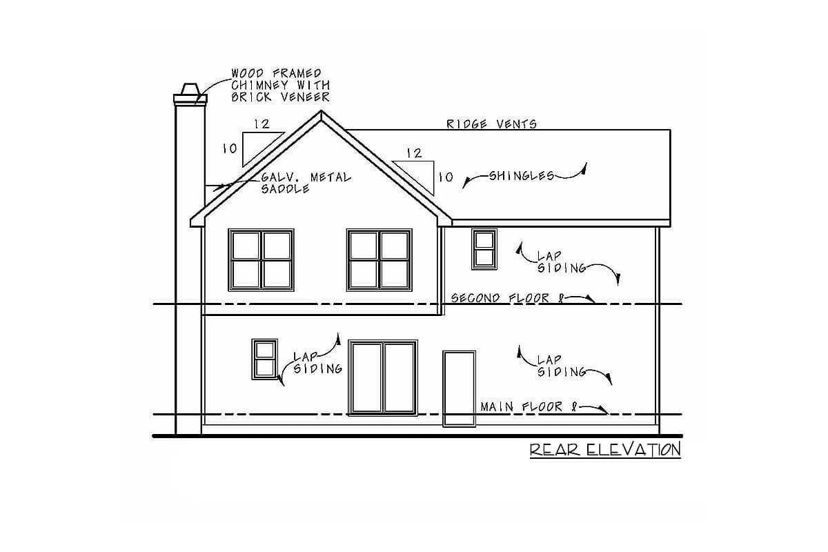 Rear elevation house plan drawing with lap siding, second floor windows, and brick veneer chimney.