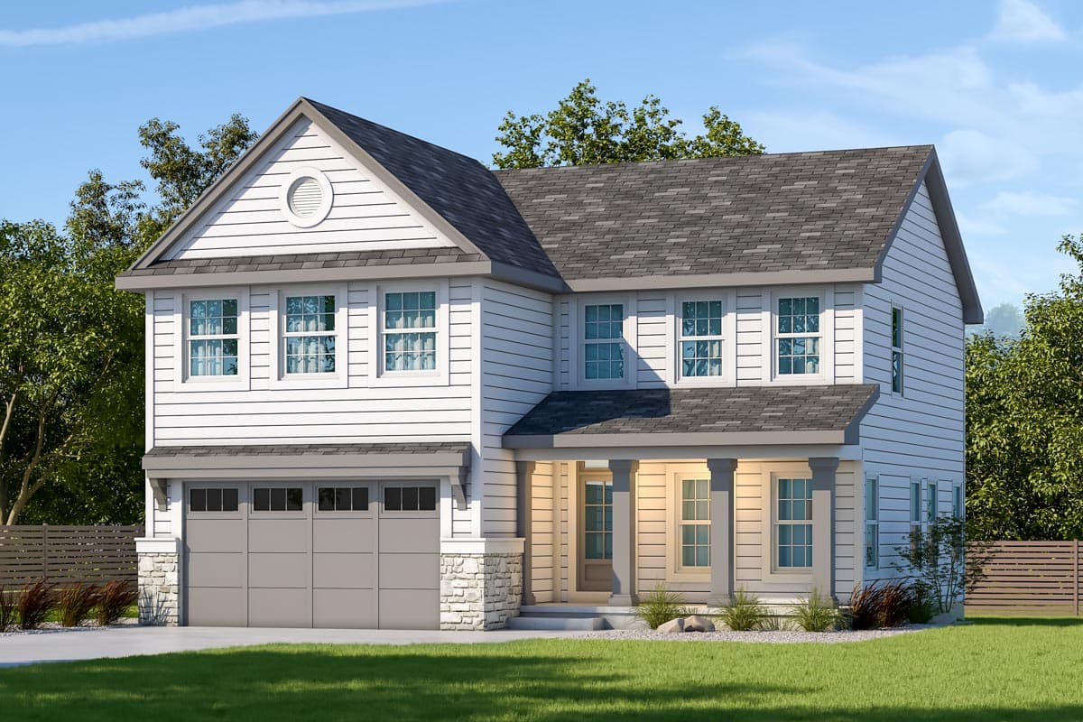 House plan exterior. Two-story home with a gabled roof, a front porch with columns, and a garage with a carriage-style door.