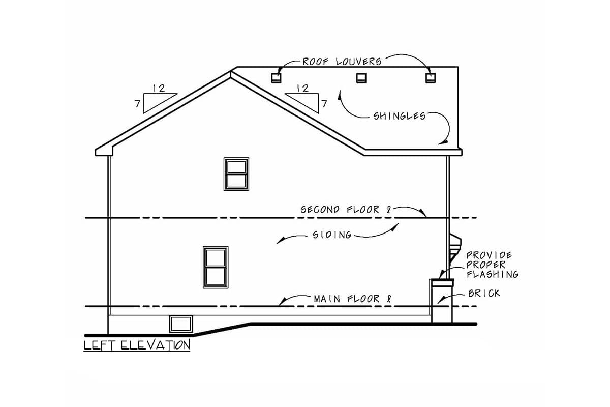 Left elevation house plan showing two stories, pitched roof with shingles, roof louvers, siding, brick base, and windows.