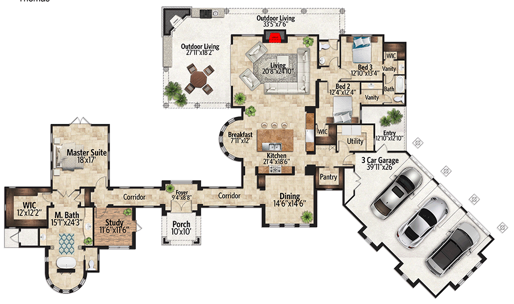 Plan 430041LY:  Single-Story Mediterranean House Plan  - Floor Plan - Main Level - European, Mediterranean