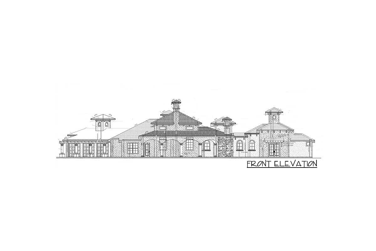 Front elevation drawing of a single-story house with a central pitched roof, multiple gables, arched windows, and prominent chimneys.