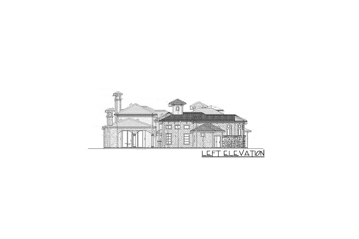 Left elevation drawing of a multi-story house with varied rooflines, arched loggia, and multiple chimneys.