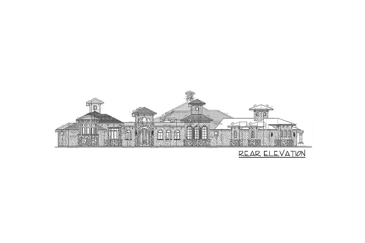 Rear elevation house plan drawing showing a complex roofline with multiple gables, towers, and arched windows.