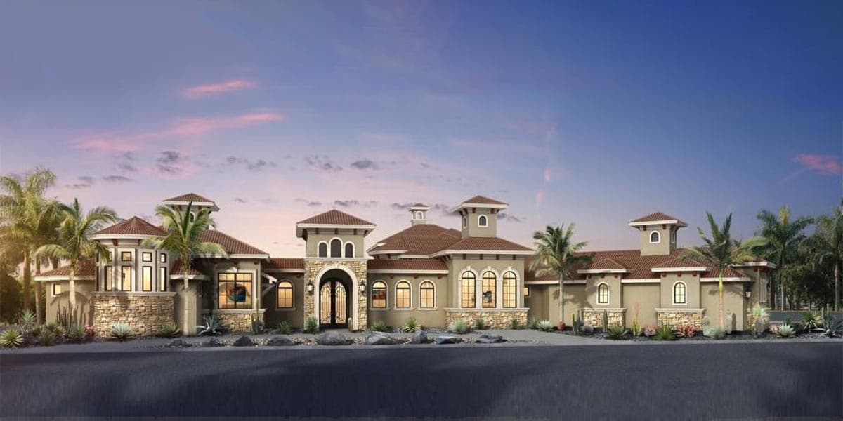 House plan exterior: Spanish-style residence with multiple gables, arched entryway, stone accents, and central tower.