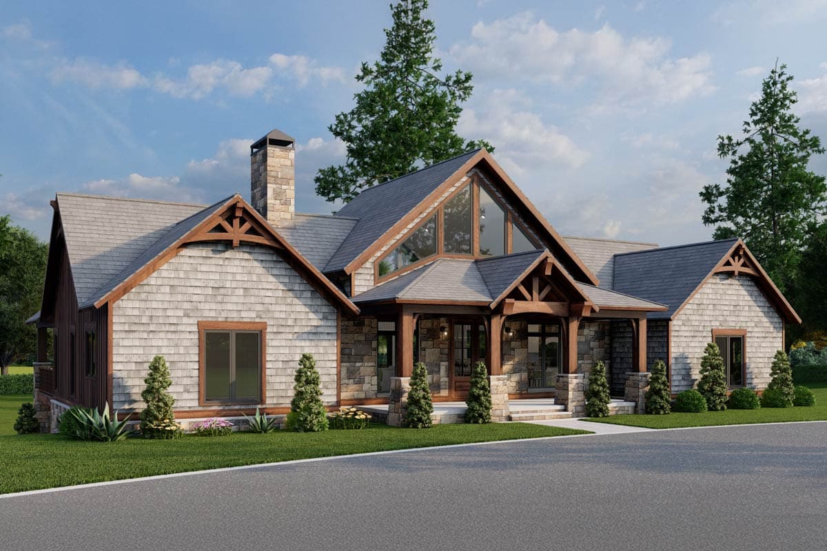 Modern Farmhouse house plan exterior with stone chimney, cedar shingles, exposed beams, and large A-frame window.