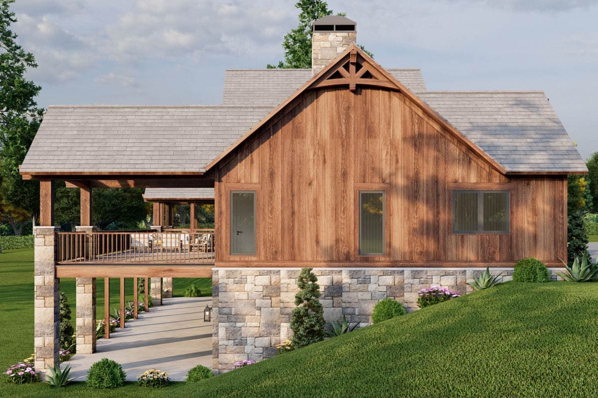 Modern rustic house plan exterior with wood siding, stone foundation, large covered deck, and prominent gable.