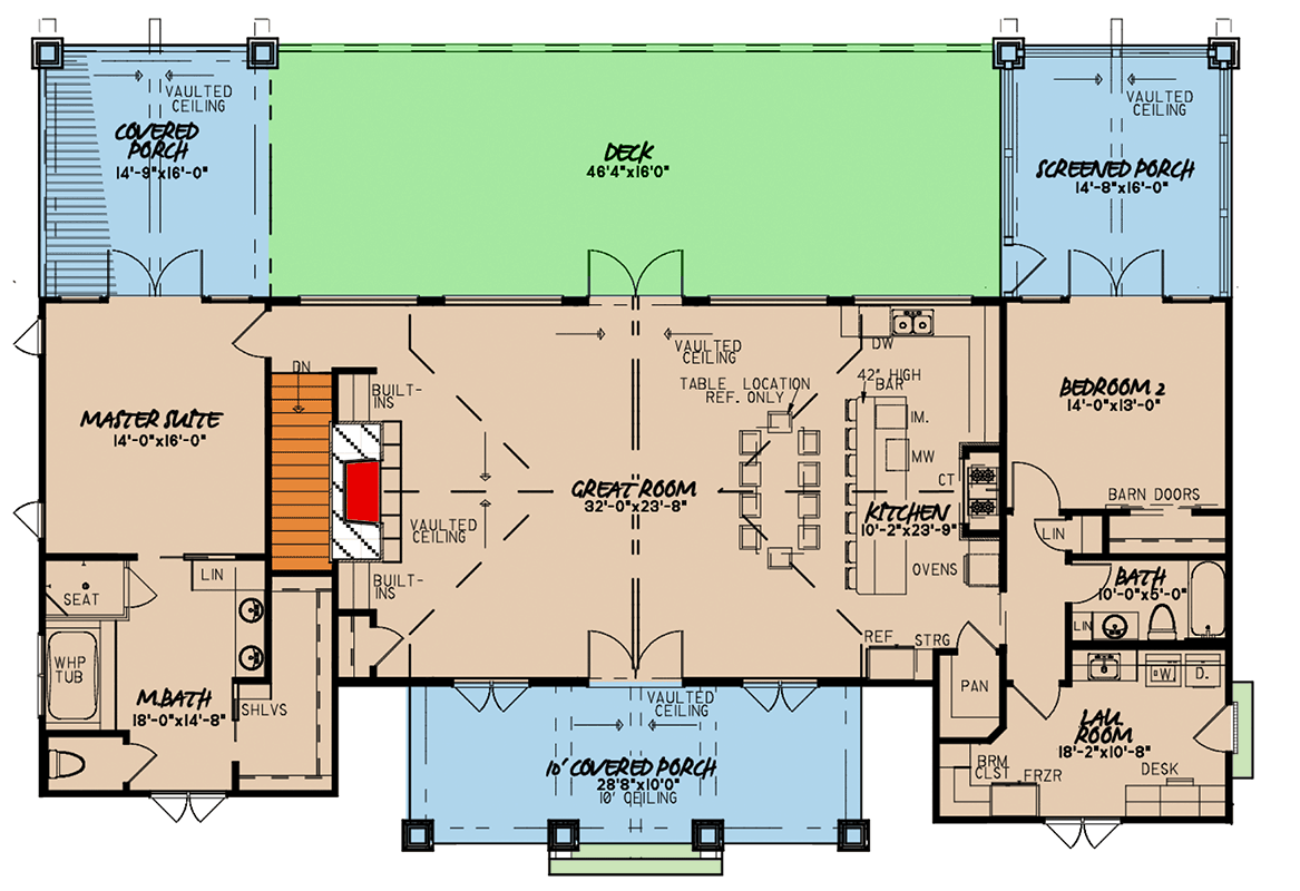 Plan 70593MK: Craftsman Home Plan with Lower Level Game and Bunk Rooms - 3415 Sq Ft - Floor Plan - Main Level - Contemporary, Craftsman, Mountain, Vacation
