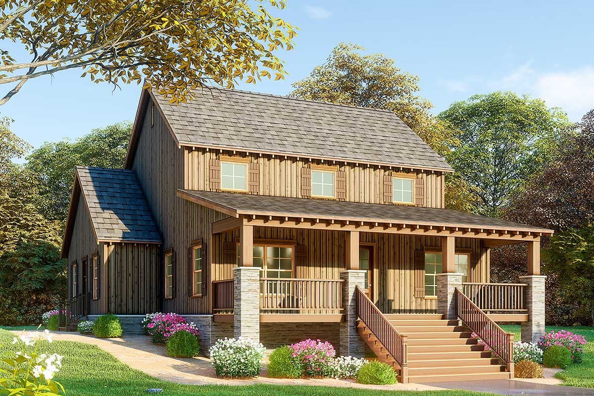 House plan exterior of a two-story Modern Farmhouse with a wrap-around porch supported by stone pillars and a prominent gable.