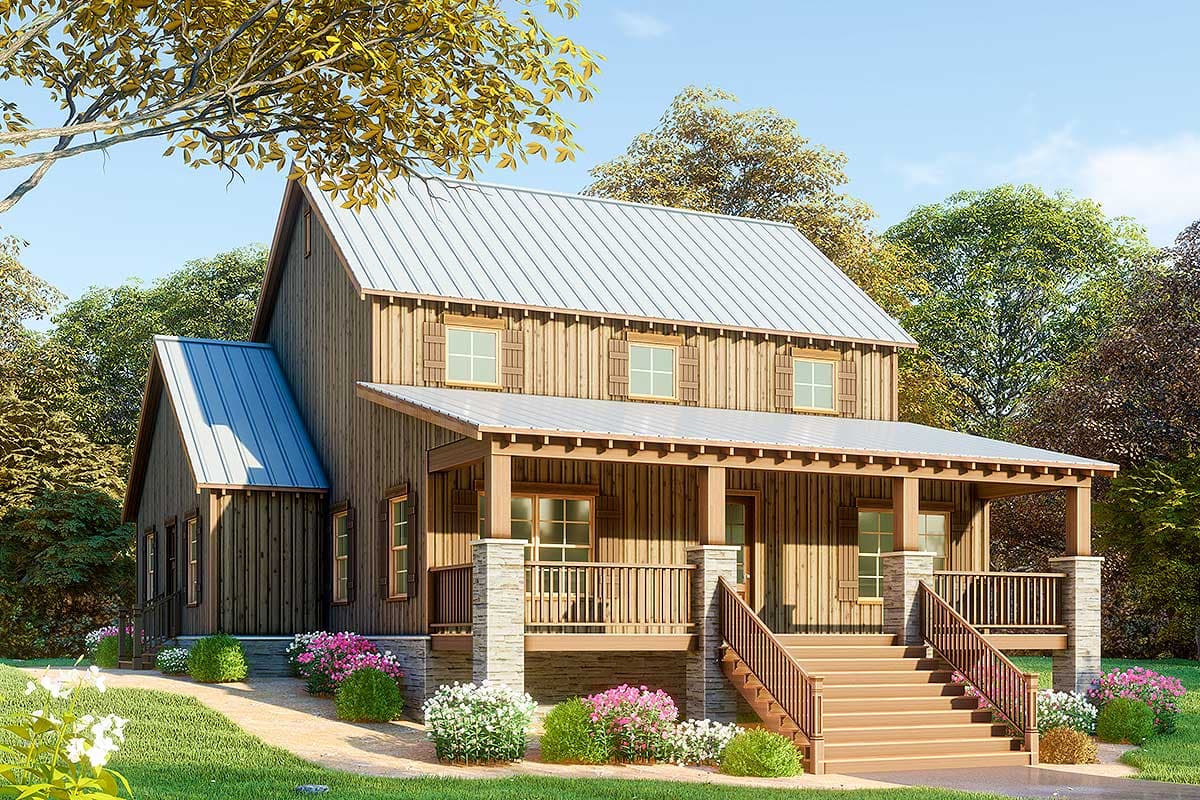 House plan exterior. Two-story, Craftsman-style home with a front porch, metal roof, and wooden siding. Features a gabled roofline and shutters.