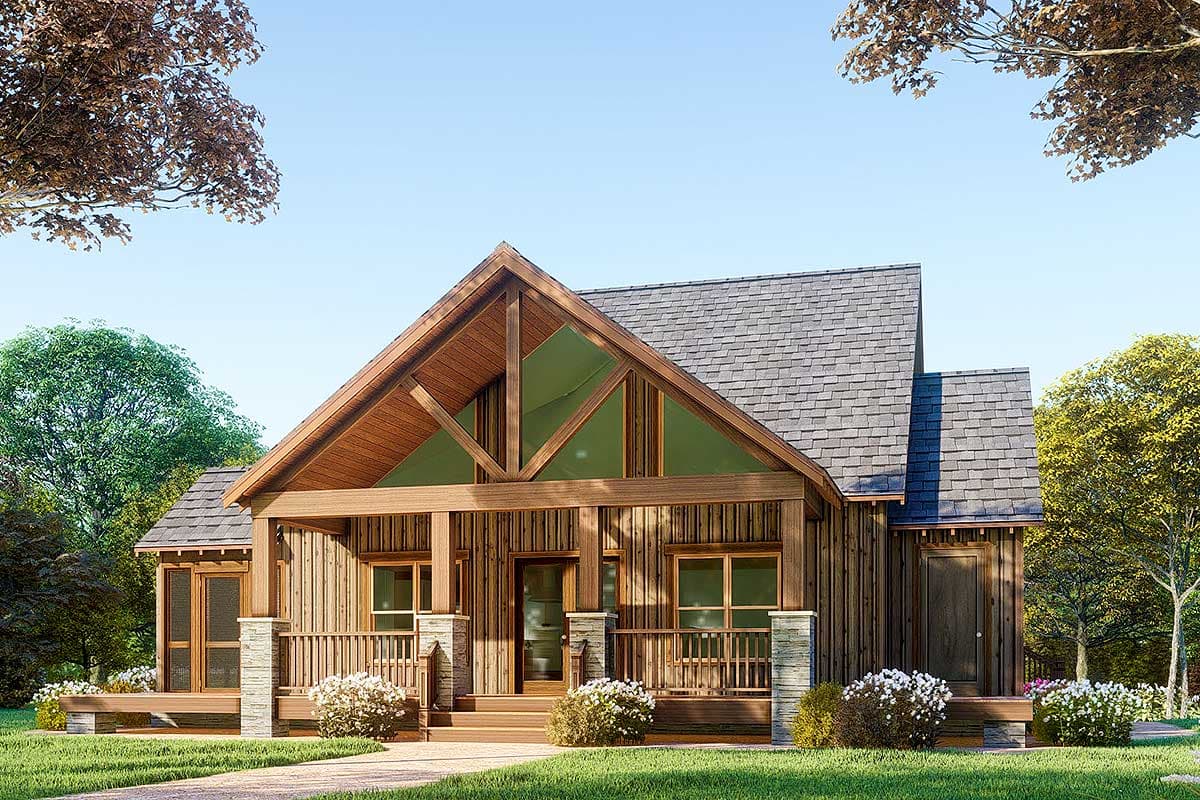 House plan exterior: Log cabin style, one story, featuring a covered porch, stone accents, and a large gable with exposed beams.