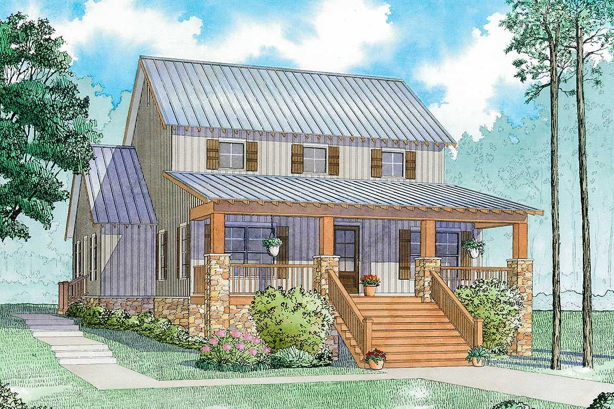 House plan exterior: Two-story Modern Farmhouse with metal roof, prominent covered porch with stone and wood columns, and gabled dormers.