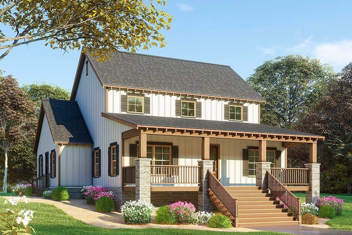 Modern Farmhouse two-story house plan exterior with a wrap-around porch, board and batten siding, and stone accents.